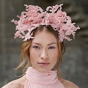 Fascinator hat pink lace wedding races Ascot